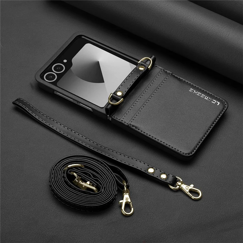 LC.IMEEKE L1 Series Capa para Samsung Galaxy Z Flip7 5G com Porta-cartões, Alça de Ombro e Pulso em Couro - Preto