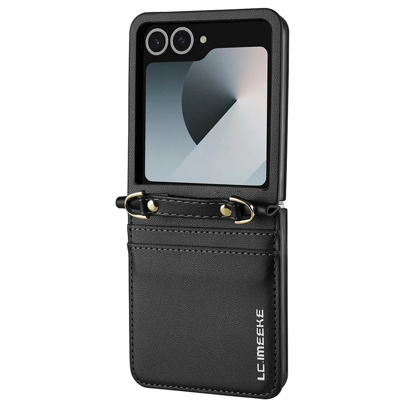 LC.IMEEKE L1 Series Capa para Samsung Galaxy Z Flip7 5G com Porta-cartões, Alça de Ombro e Pulso em Couro - Preto