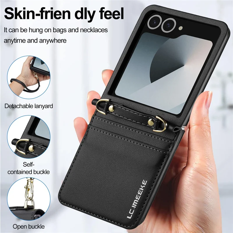LC.IMEEKE L1 Series Capa para Samsung Galaxy Z Flip7 5G com Porta-cartões, Alça de Ombro e Pulso em Couro - Preto