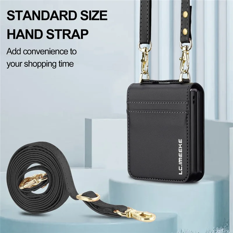 LC.IMEEKE L1 Series Capa para Samsung Galaxy Z Flip7 5G com Porta-cartões, Alça de Ombro e Pulso em Couro - Preto