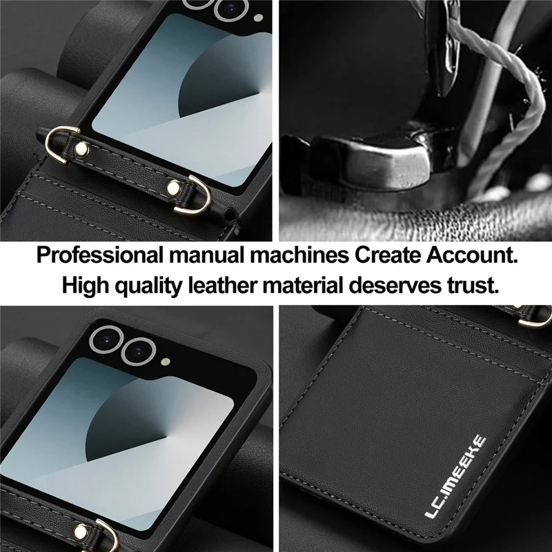 LC.IMEEKE L1 Series Capa para Samsung Galaxy Z Flip7 5G com Porta-cartões, Alça de Ombro e Pulso em Couro - Preto