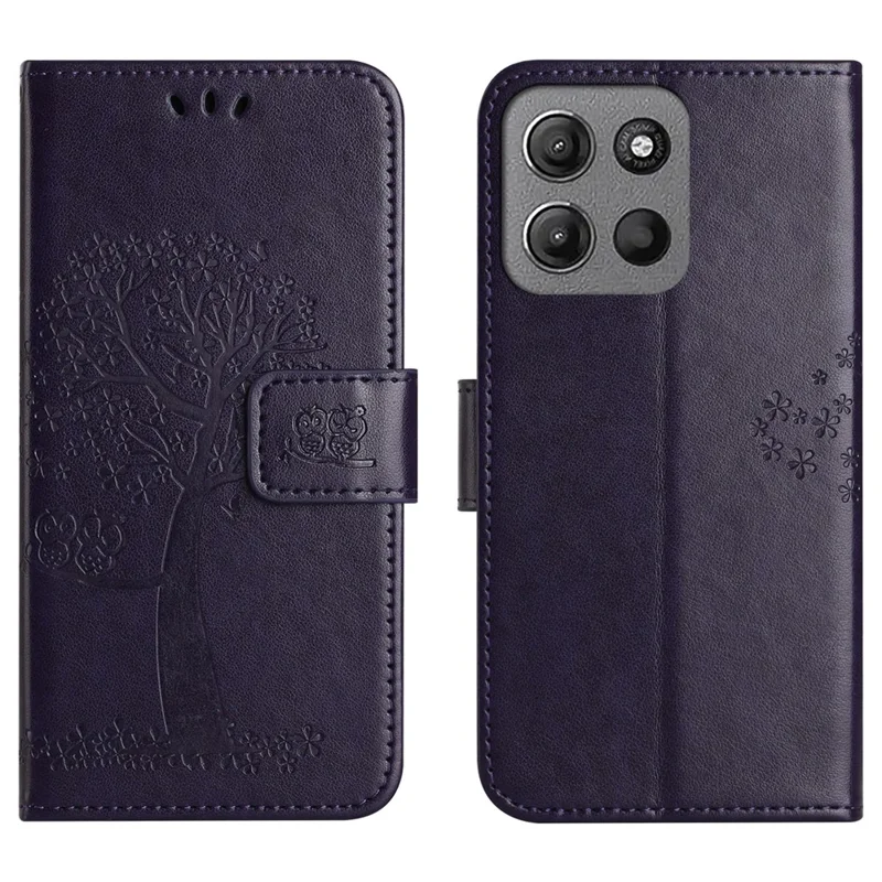 Wallet Case for Motorola Moto G56 5G / G66j 5G / G66y 5G PU Leather Owl Tree Imprinted Phone Cover with Strap - Dark Blue