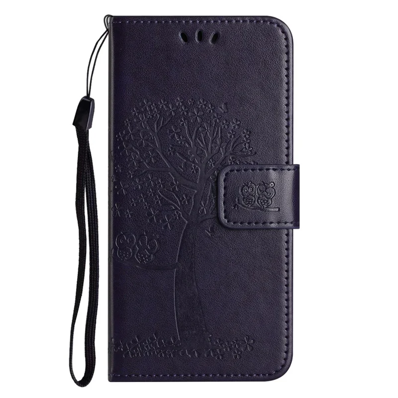 Wallet Case for Motorola Moto G56 5G / G66j 5G / G66y 5G PU Leather Owl Tree Imprinted Phone Cover with Strap - Dark Blue