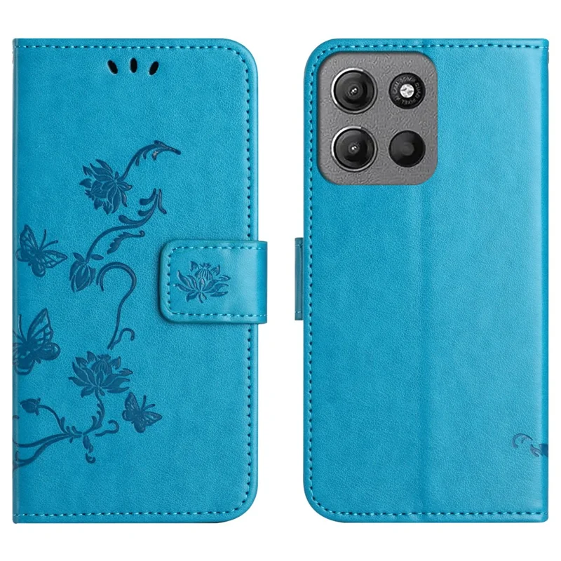 Wallet Stand Case for Motorola Moto G56 5G / G66j 5G / G66y 5G Imprinted Butterfly Flower PU Leather Phone Cover - Blue