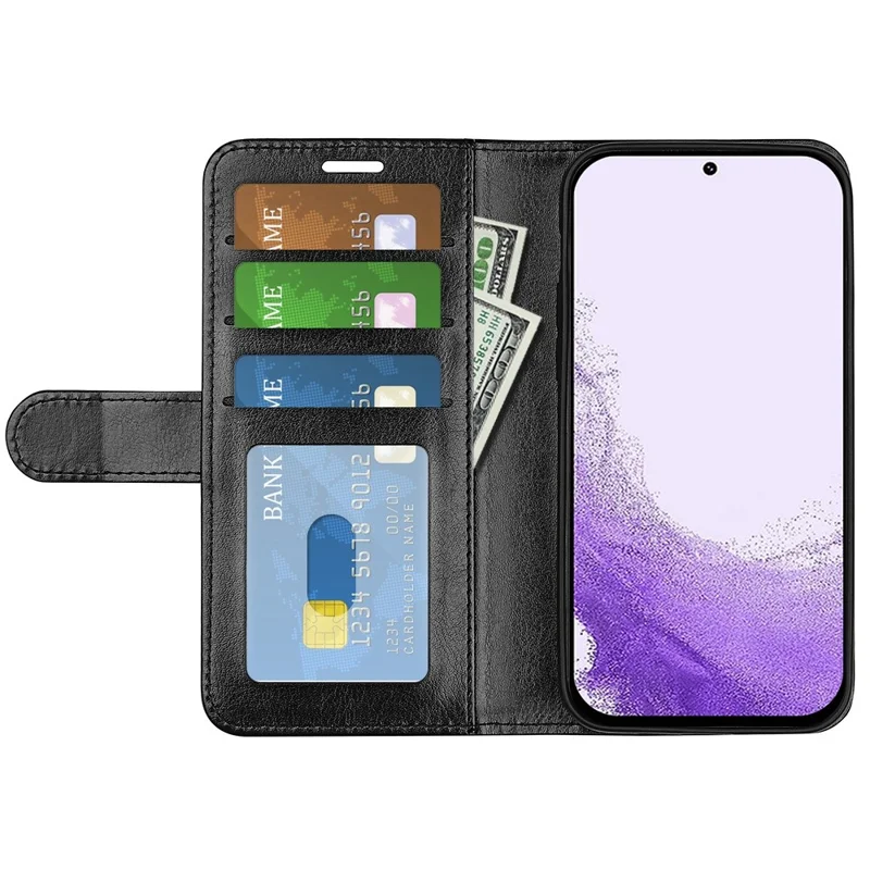 For Samsung Galaxy S23 PU Leather Stand Wallet Case Crazy Horse Texture Folio Flip Anti-scratch Phone Cover - Black