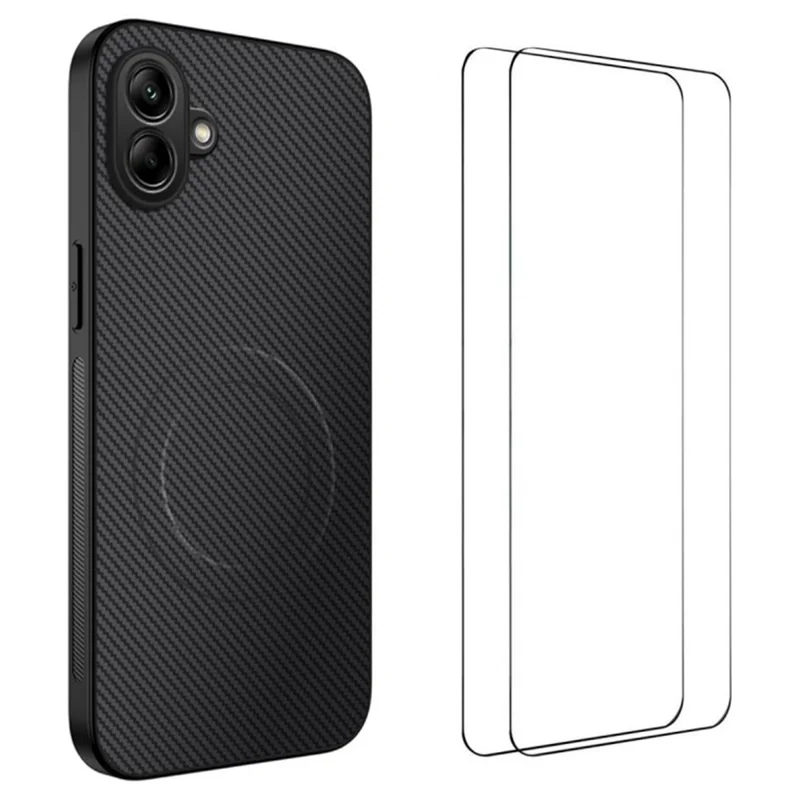 WANLONFENG TQ1 Series For Samsung Galaxy A07 4G Magnetic Case Carbon Fiber Texture PC TPU Phone Cover with 2Pcs Screen Films - Black