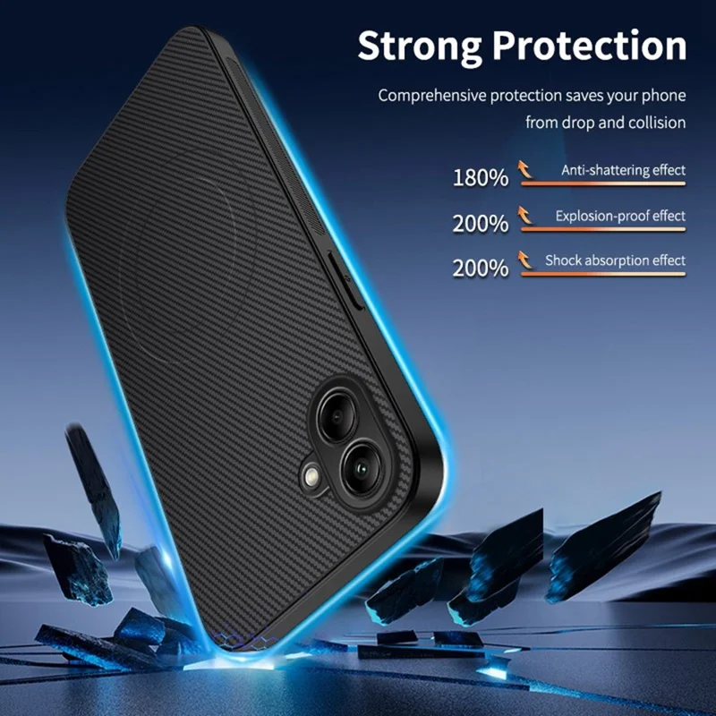 WANLONFENG TQ1 Series For Samsung Galaxy A07 4G Magnetic Case Carbon Fiber Texture PC TPU Phone Cover with 2Pcs Screen Films - Black