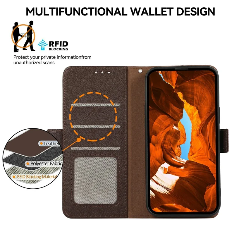 ABEEL Para Motorola Moto G56 5G Capa Textura de Litchi Capa de Telefone Bloqueio RFID - Marrom