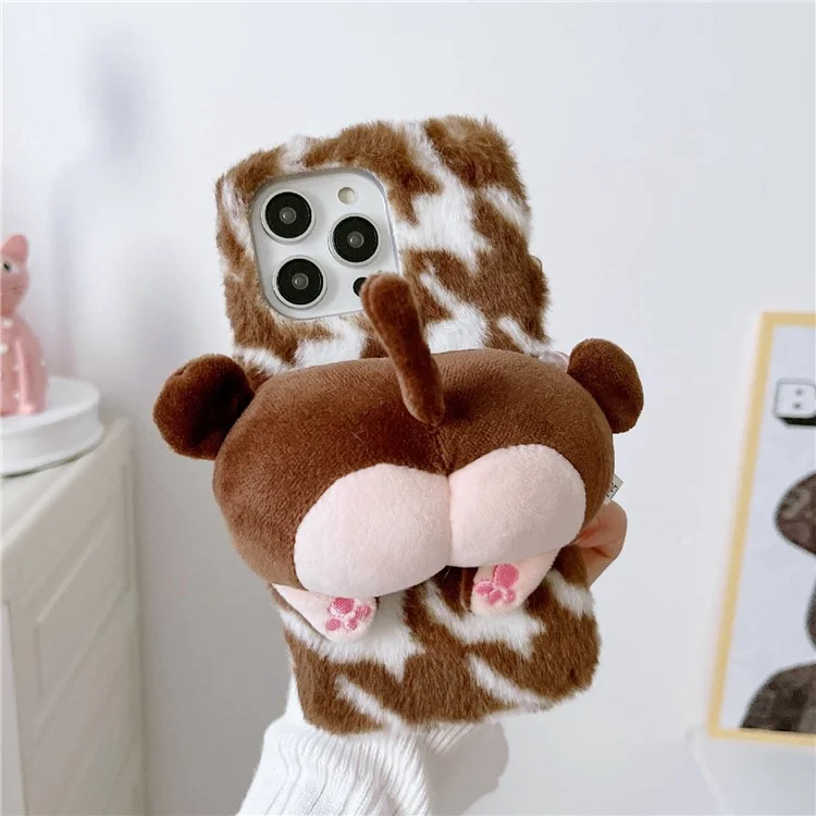 For iPhone 14 Pro Max Monkey Butt Doll Decor Protective Case Plush + TPU Winter Fluffy Phone Cover - Brown