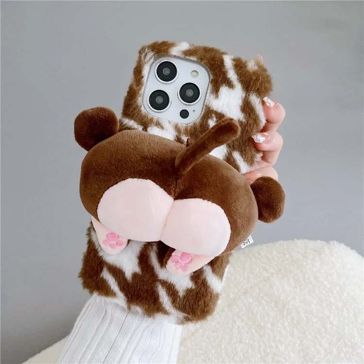 For iPhone 14 Pro Max Monkey Butt Doll Decor Protective Case Plush + TPU Winter Fluffy Phone Cover - Brown
