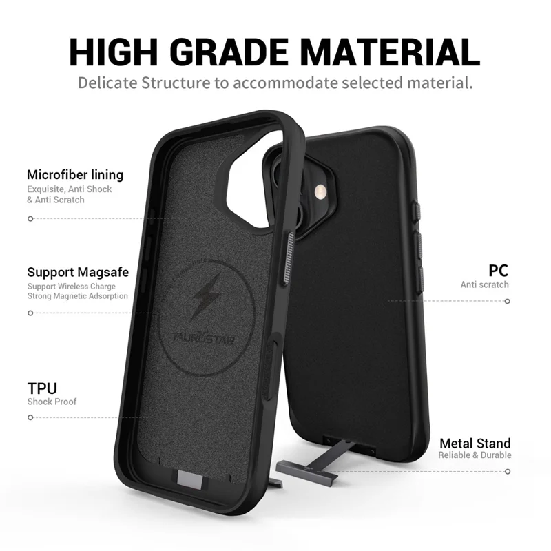 For iPhone 17 Magnetic Case PC + TPU Phone Cover with Hidden Kickstand - Black