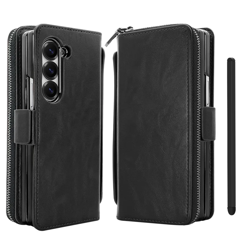 Чехол для Samsung Galaxy Z Fold5 5G с карманом на молнии, кожаный чехол для телефона с защитой экрана / стилусом - Черный