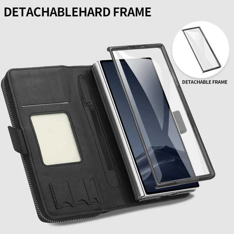 Чехол для Samsung Galaxy Z Fold5 5G с карманом на молнии, кожаный чехол для телефона с защитой экрана / стилусом - Черный