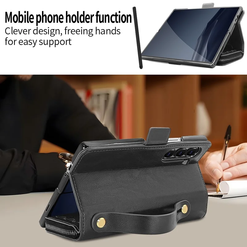 Чехол для Samsung Galaxy Z Fold5 5G с карманом на молнии, кожаный чехол для телефона с защитой экрана / стилусом - Черный