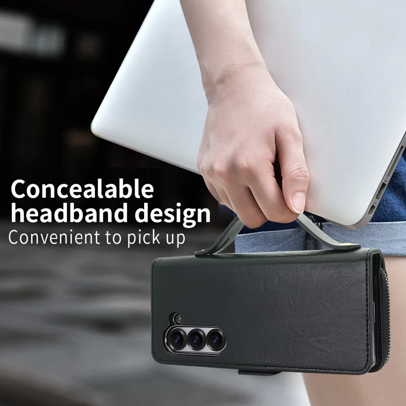 Étui pour Samsung Galaxy Z Fold6 5G avec poche Fermeture éclair Étui en cuir avec protecteur d'écran / Stylet - Noir
