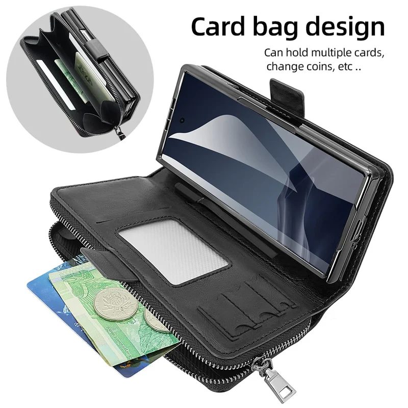 Étui pour Samsung Galaxy Z Fold6 5G avec poche Fermeture éclair Étui en cuir avec protecteur d'écran / Stylet - Noir