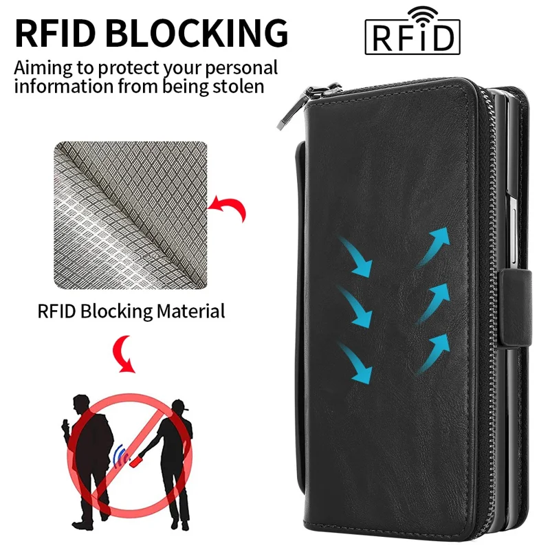 Étui pour Samsung Galaxy Z Fold6 5G avec poche Fermeture éclair Étui en cuir avec protecteur d'écran / Stylet - Noir