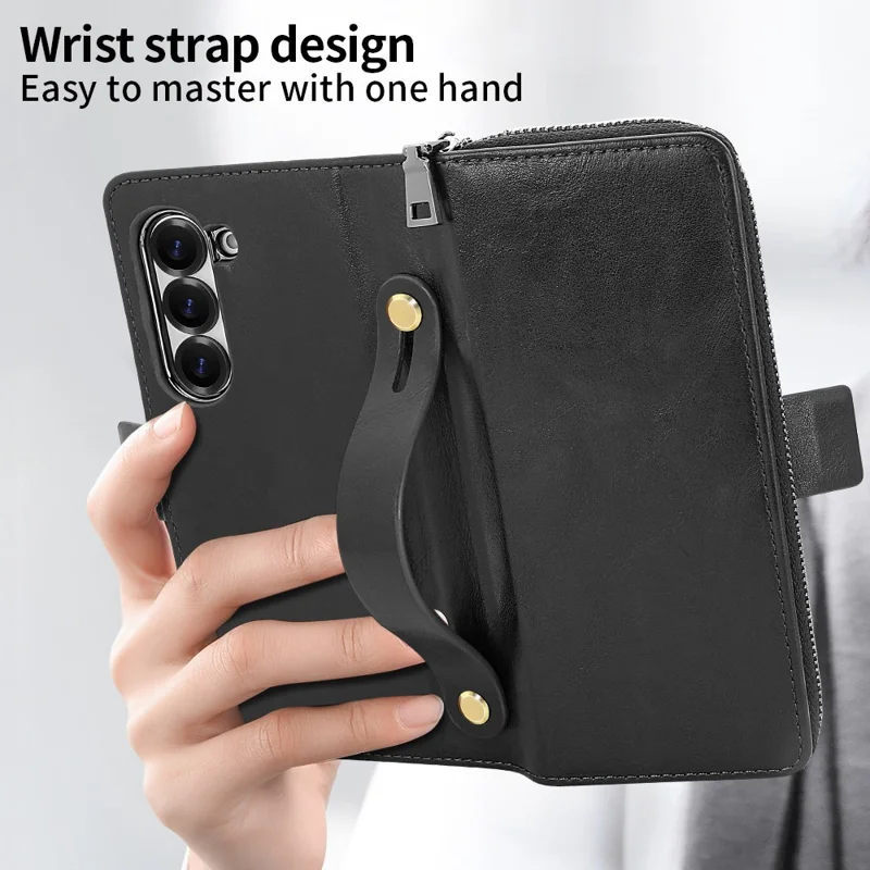 Étui pour Samsung Galaxy Z Fold6 5G avec poche Fermeture éclair Étui en cuir avec protecteur d'écran / Stylet - Noir