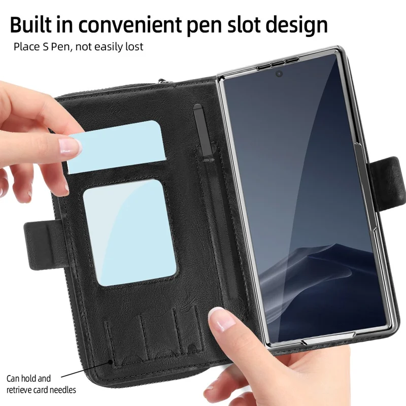 Étui pour Samsung Galaxy Z Fold6 5G avec poche Fermeture éclair Étui en cuir avec protecteur d'écran / Stylet - Noir