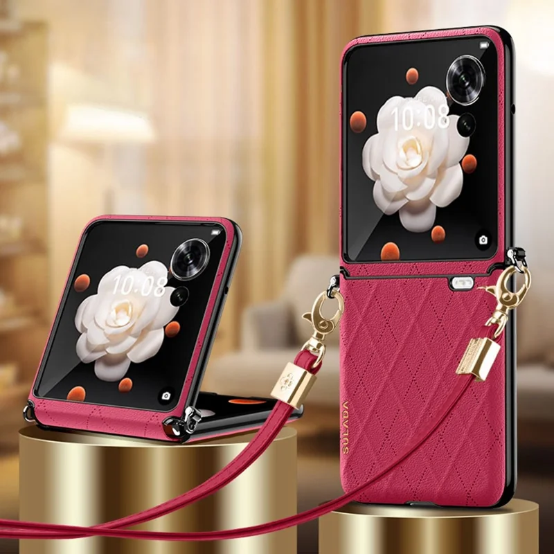 SULADA per Honor Magic V Flip 5G Cover in Pelle a Rombi + PC con Cinturino a Tracolla - Rosso