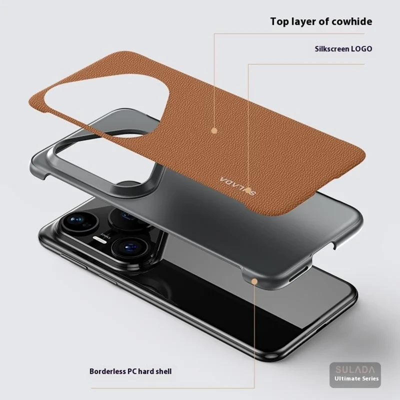 SULADA Pour Huawei Pura 80 Ultra Étui en Cuir de Vache Véritable sans Cadre pour Téléphone - Marron