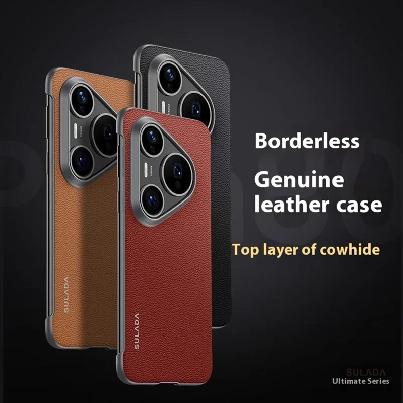 SULADA Pour Huawei Pura 80 Ultra Étui en Cuir de Vache Véritable sans Cadre pour Téléphone - Marron