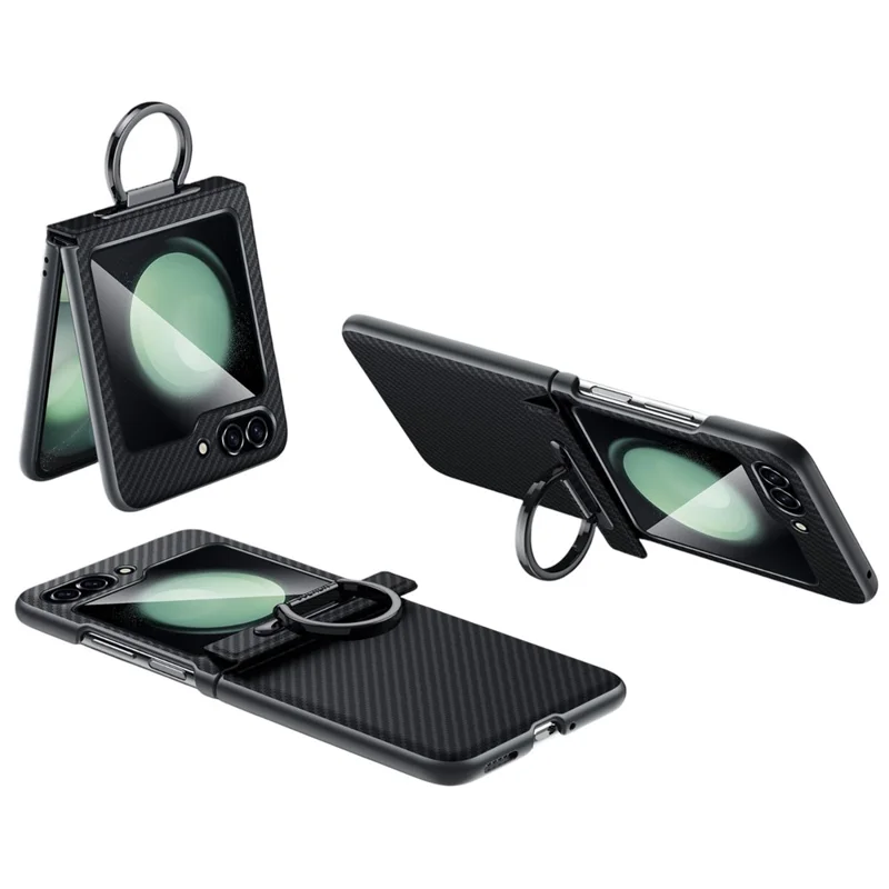 SULADA For Samsung Galaxy Z Flip5 5G Case with Ring Kickstand Magnetic Closure Leather PC Phone Cover Carbon Fiber Texture - Black