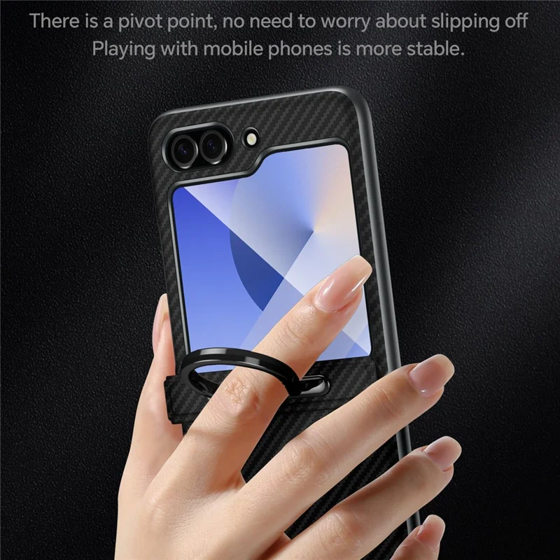 SULADA For Samsung Galaxy Z Flip6 5G Case with Ring Kickstand Magnetic Closure Leather PC Phone Cover Carbon Fiber Texture - Black - Black