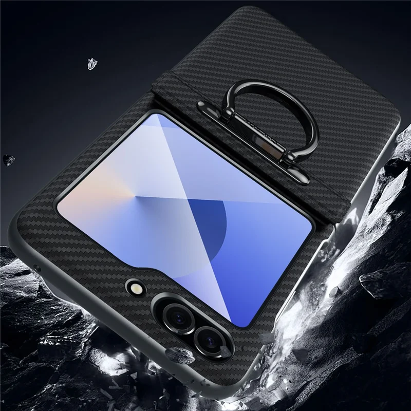 SULADA For Samsung Galaxy Z Flip6 5G Case with Ring Kickstand Magnetic Closure Leather PC Phone Cover Carbon Fiber Texture - Black - Black