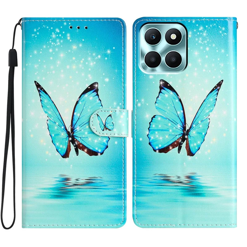 Étui Portefeuille For Honor X6c 4G en Cuir PU avec Motif Imprimé et Support - Papillon Bleu