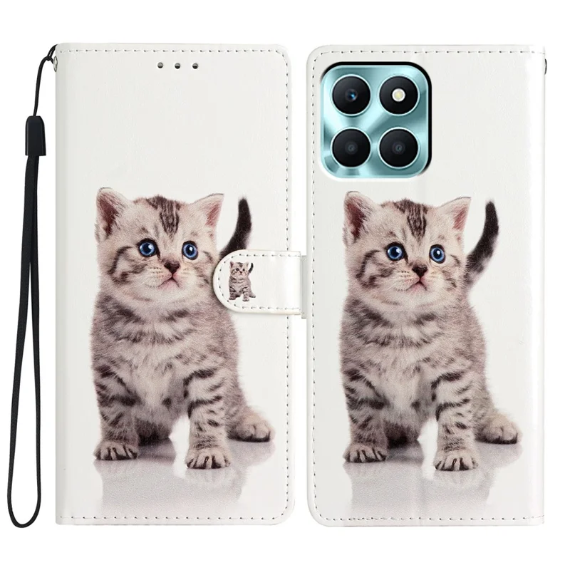 For Honor X6c 4G Wallet Case PU Leather Pattern Printing Stand Phone Cover with Strap - Cute Cat