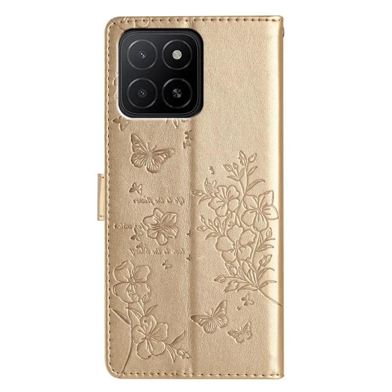 For Honor X6c 4G Carteira Telefone Caso Borboleta Floral Impressão Couro Flip Capa com Alça - Ouro