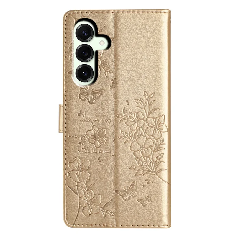 Cover a portafoglio per Samsung Galaxy M36 5G con Farfalle e Motivi Floreali in Pelle con Cinturino - Oro
