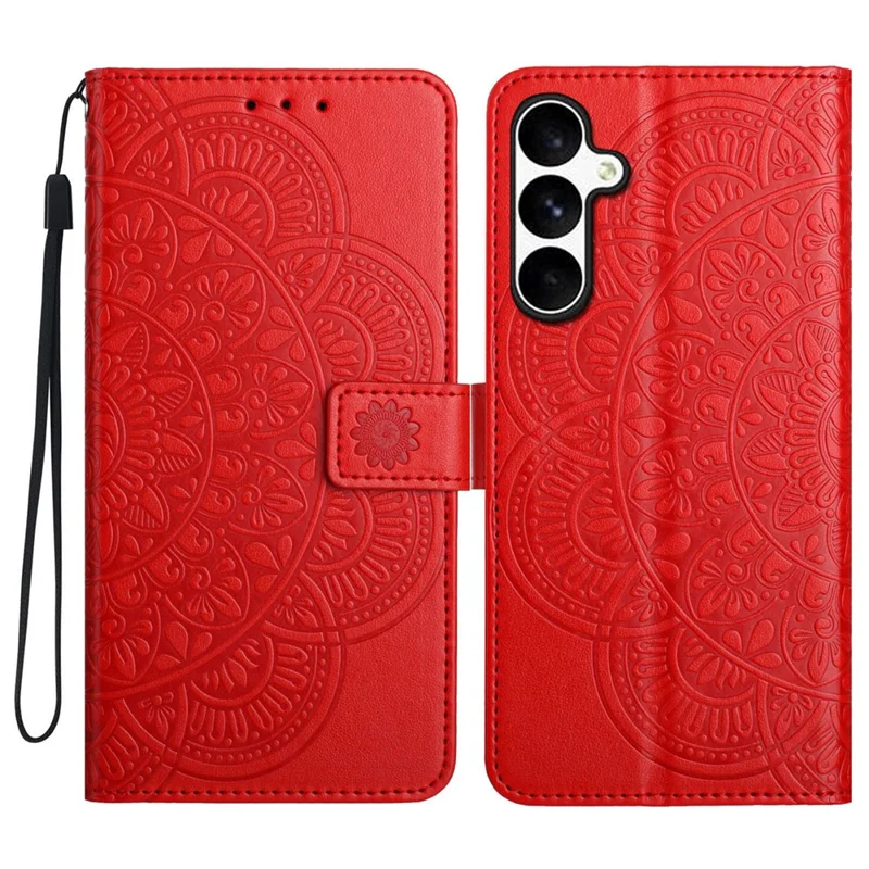 For Samsung Galaxy S25 FE Leather Case with Card Slots Mandala Pattern Phone Cover Stand - Red