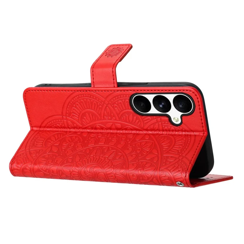 For Samsung Galaxy S25 FE Leather Case with Card Slots Mandala Pattern Phone Cover Stand - Red