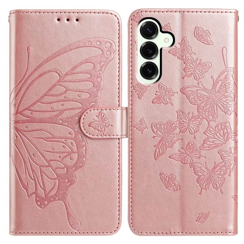 Cover a portafoglio per Samsung Galaxy M36 5G con Farfalle Stampate, Supporto e Cinturino - Oro Rosa
