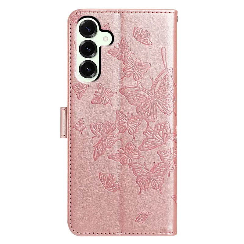 Cover a portafoglio per Samsung Galaxy M36 5G con Farfalle Stampate, Supporto e Cinturino - Oro Rosa