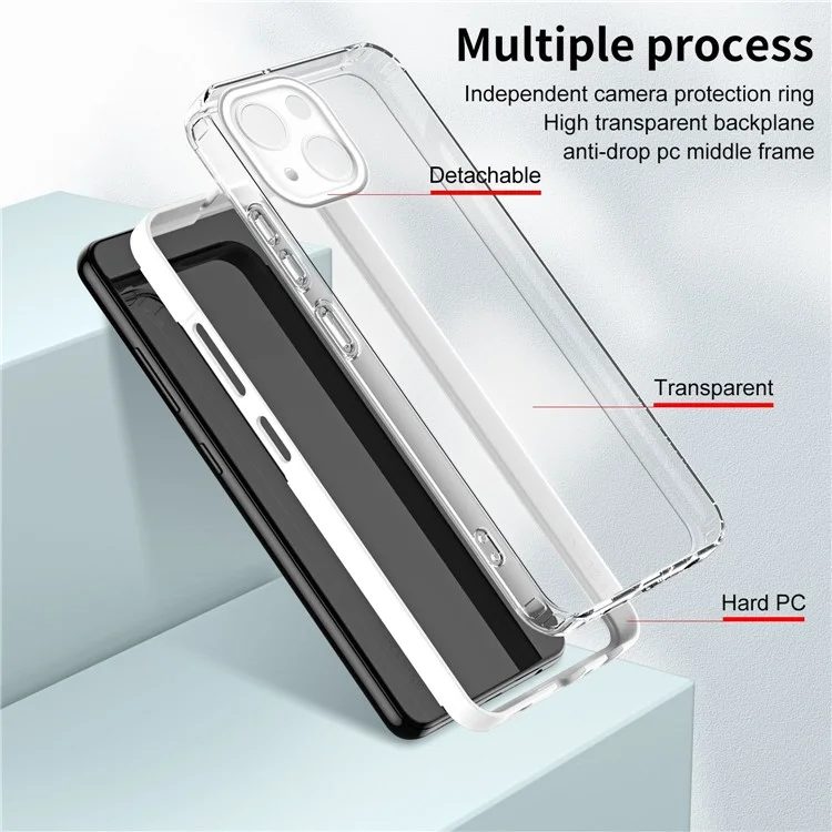 For iPhone 14 3-in-1 Anti-drop Ultra Thin Phone Case Colorful Frame Transparent Back Cover with Airbag Protection - White