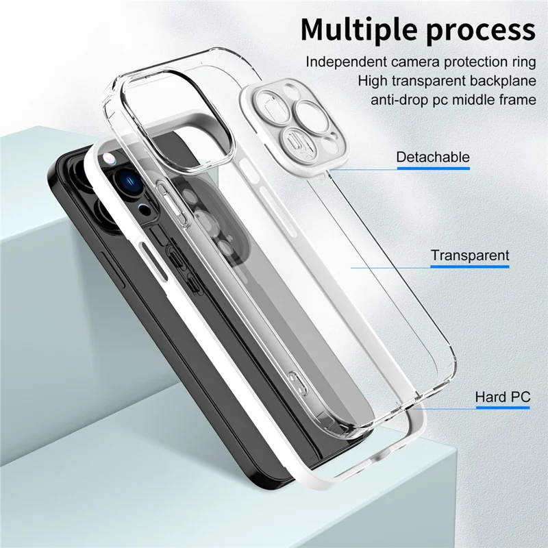 For iPhone 14 Pro 3-in-1 Transparent TPU Phone Cover with Colorful PC Frame Protective Phone Case - White