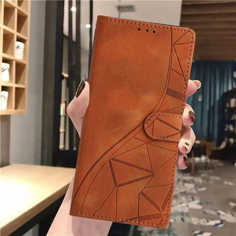 For iPhone Air Case Wallet Stand Imprinted Triangle Pattern Leather Phone Flip Cover - Brown
