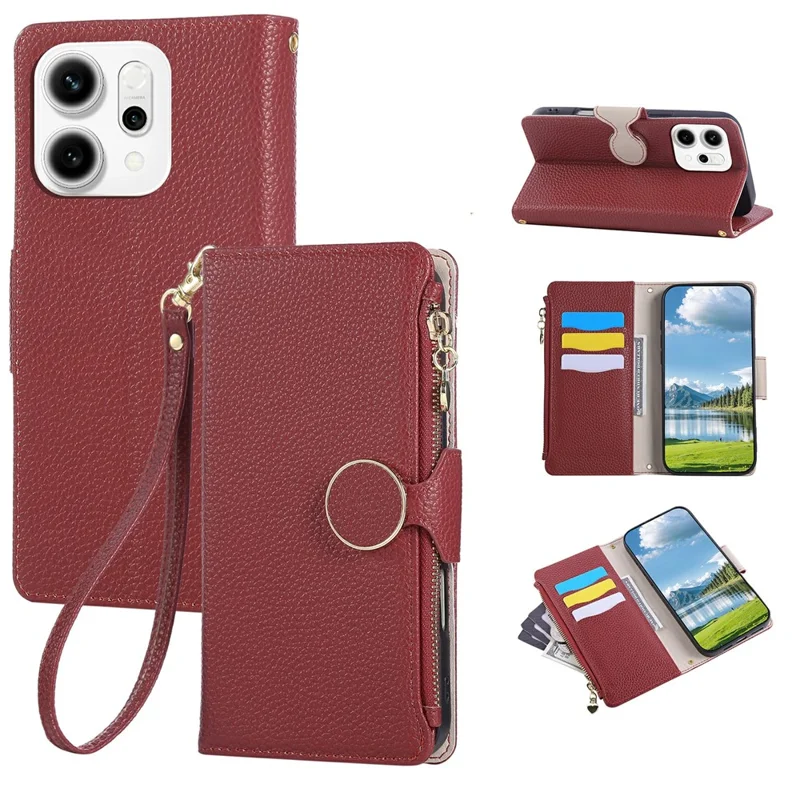 For Oppo Reno14 5G (Global) Case Zipper Wallet Leather Phone Cover with Wrist Strap - Wine Red
