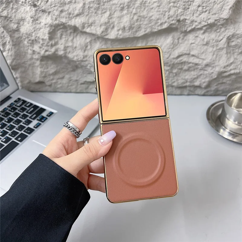 For Samsung Galaxy Z Flip7 5G Magnetic Case Nappa Texture PU + TPU + PC Phone Back Cover - Brown