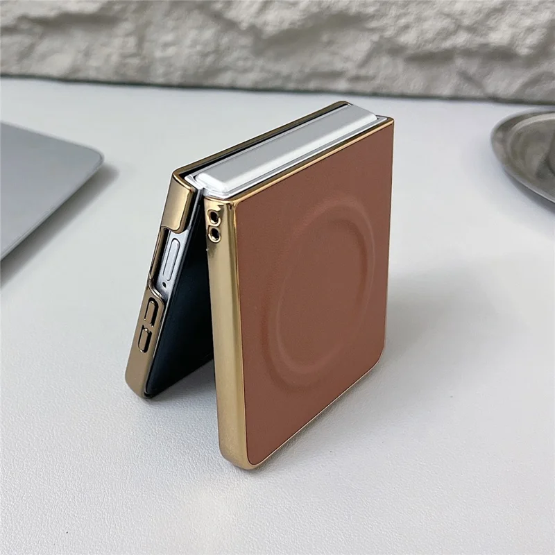 For Samsung Galaxy Z Flip7 5G Magnetic Case Nappa Texture PU + TPU + PC Phone Back Cover - Brown