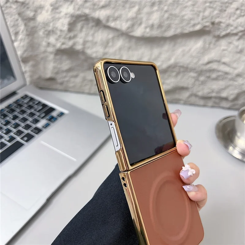 For Samsung Galaxy Z Flip7 5G Magnetic Case Nappa Texture PU + TPU + PC Phone Back Cover - Brown