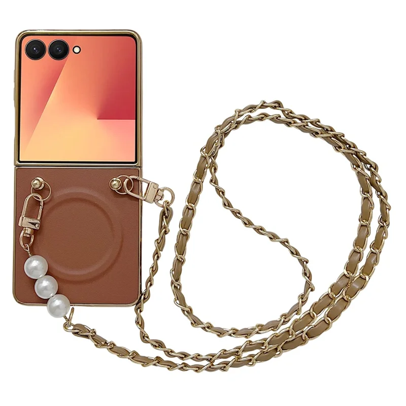 For Samsung Galaxy Z Flip7 5G Magnetic Case with Shoulder Strap Nappa Texture PU TPU PC Phone Back Cover - Brown