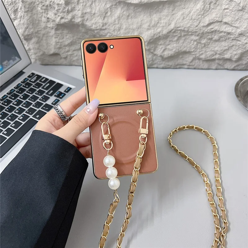 For Samsung Galaxy Z Flip7 5G Magnetic Case with Shoulder Strap Nappa Texture PU TPU PC Phone Back Cover - Brown