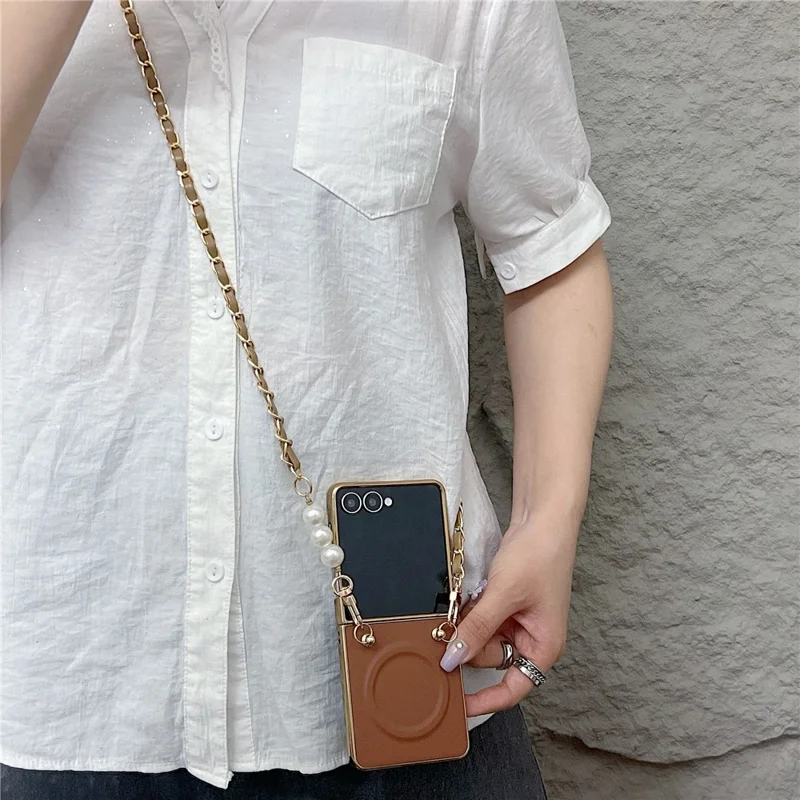 For Samsung Galaxy Z Flip7 5G Magnetic Case with Shoulder Strap Nappa Texture PU TPU PC Phone Back Cover - Brown