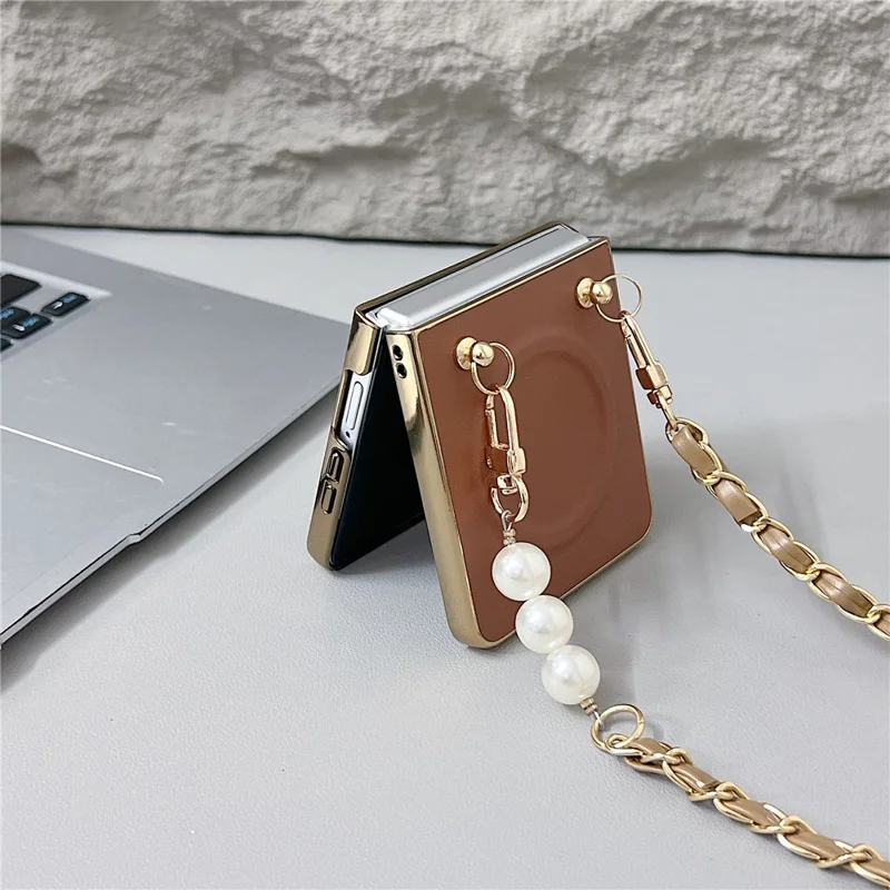 For Samsung Galaxy Z Flip7 5G Magnetic Case with Shoulder Strap Nappa Texture PU TPU PC Phone Back Cover - Brown