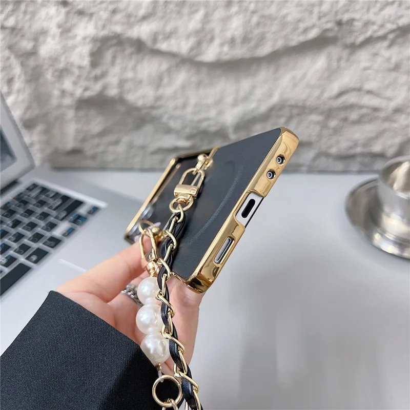 For Samsung Galaxy Z Flip7 5G Magnetic Case with Shoulder Strap Nappa Texture PU TPU PC Phone Back Cover - Brown