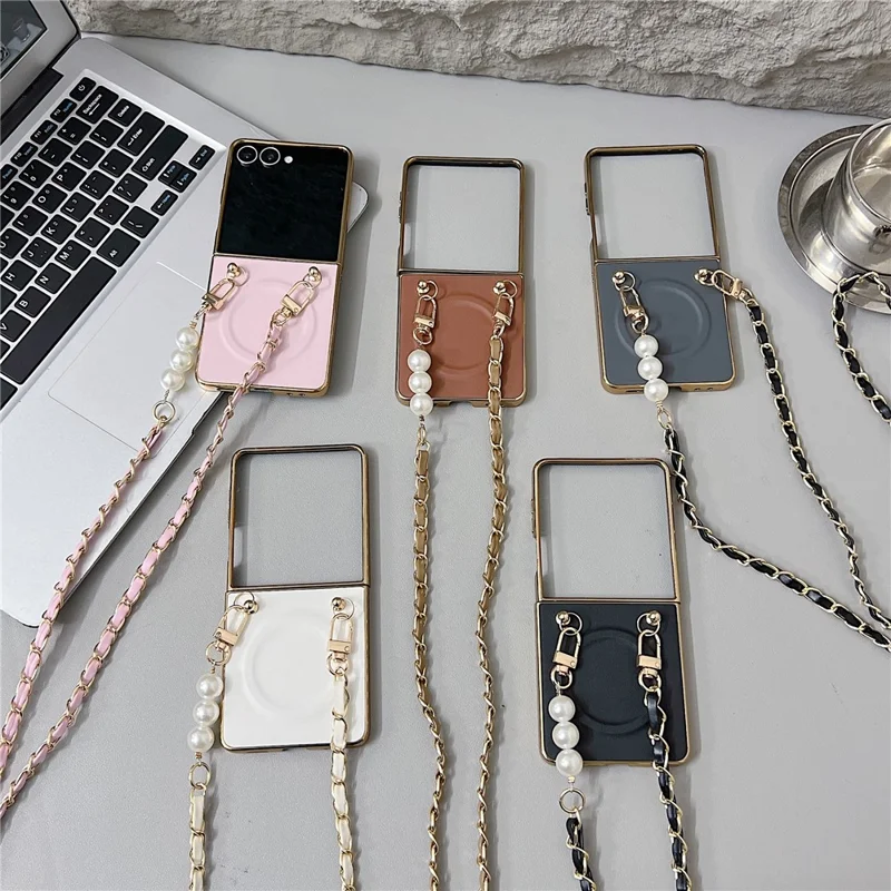 For Samsung Galaxy Z Flip7 5G Magnetic Case with Shoulder Strap Nappa Texture PU TPU PC Phone Back Cover - Brown